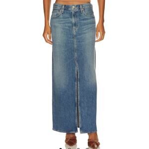 AGOLDE Leif Denim Maxi Skirt NWT Size 26 Low Rise Front Slit Swing Blue